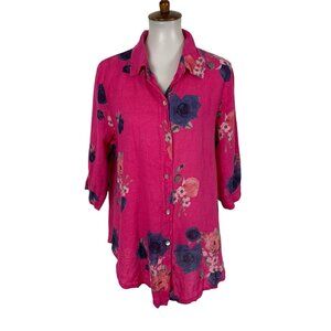 New Collection Linen Top One Size Pink Floral 34 Sleeve Boho Resort